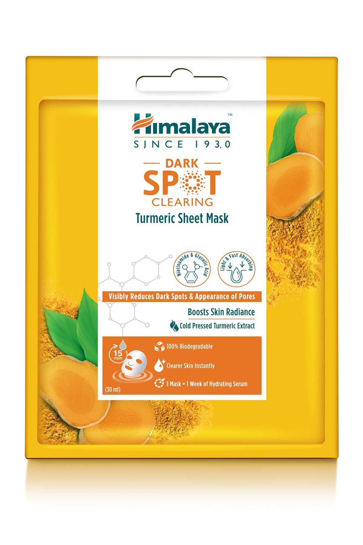 Himalaya Since 1930 Dark Spot Clearing Leke Karşıtı Zerdeçal Özlü Kağıt Maske 30 ml, Niacinamide, Glikolik Asit