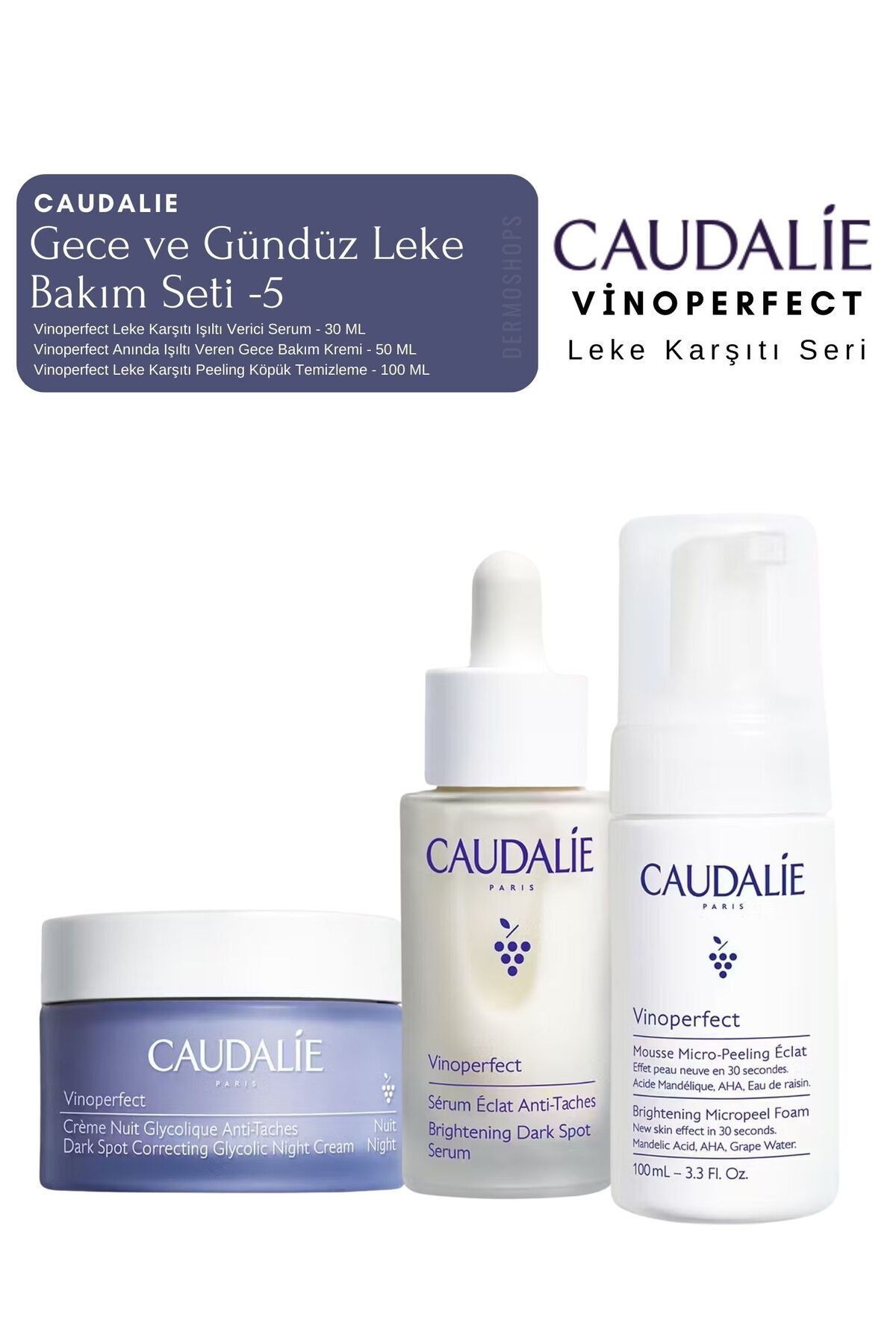 Caudalie Vinoperfect Leke Bakım Seti -5 | GECE KREMİ & SERUM & Temizleme Peeling Köpük Orijinal Boy