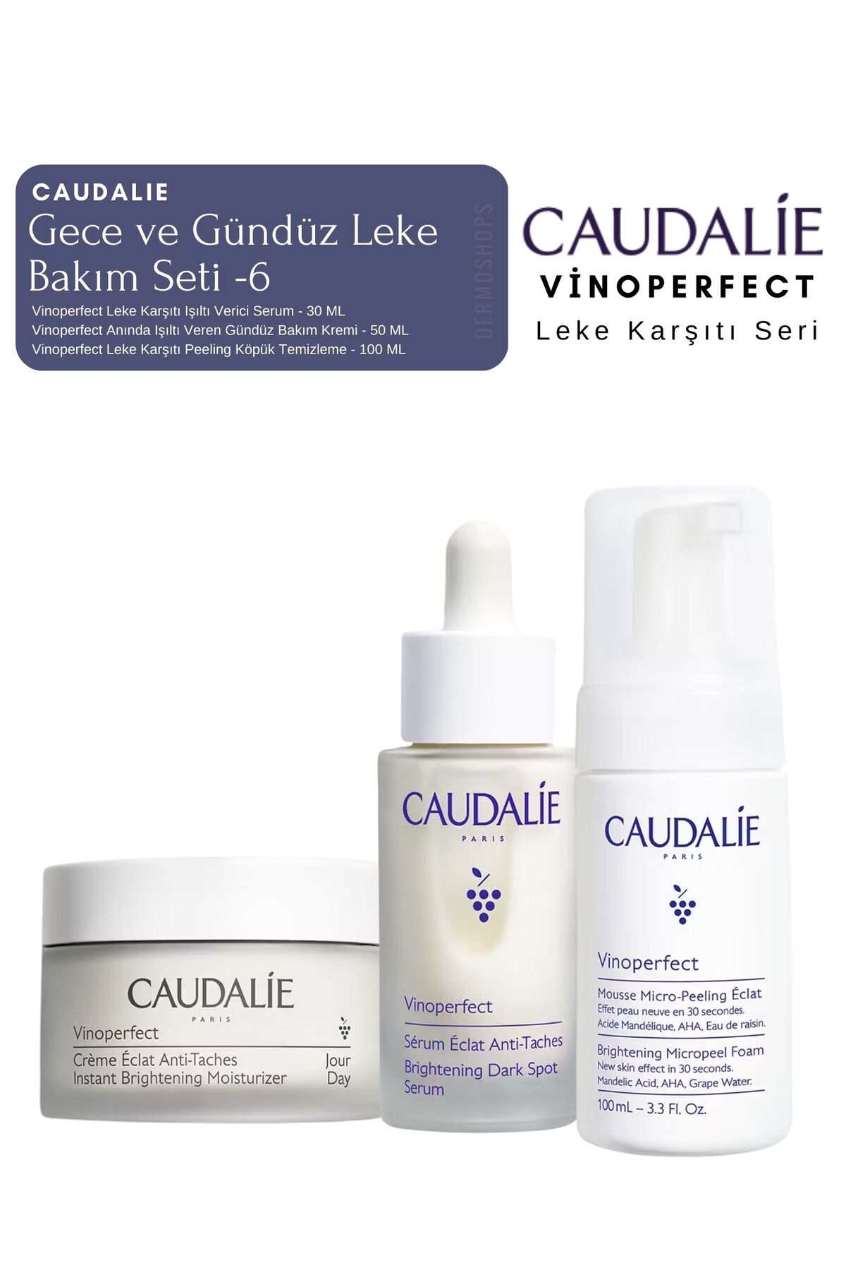 Caudalie Vinoperfect Leke Bakım Seti -6| GÜNDÜZ KREMİ & SERUM & Temizleme Peeling Köpük Orijinal Boy