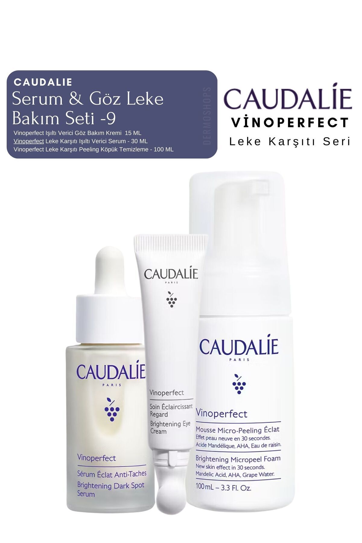 Caudalie Vinoperfect Leke Bakım Seti -9 | Serum& Göz Kremi & Temizleme Peeling Köpük Orijinal Boy