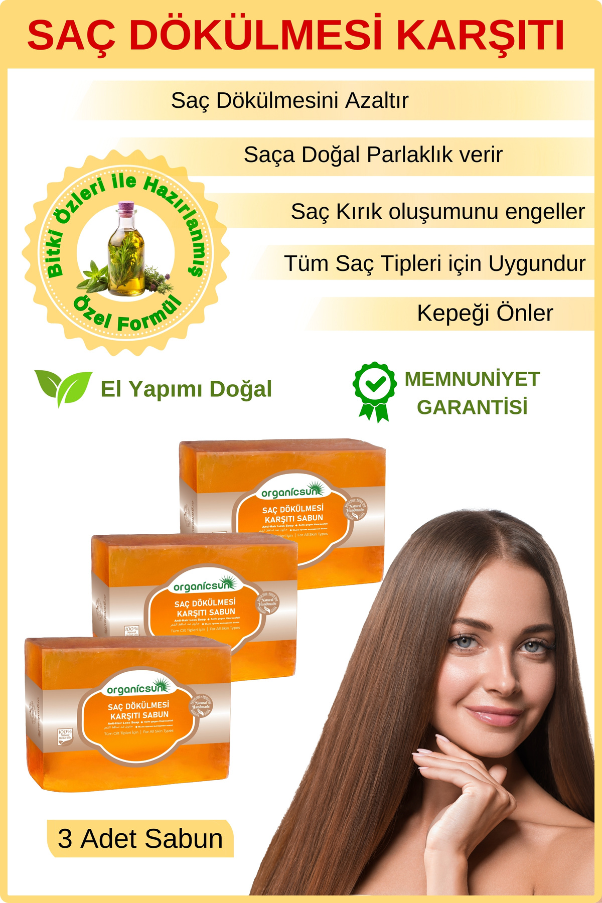 Organicsun Doğal Saç Dökülmesi Karşıtı Sabun 140 Gr x 3 Adet Tüm Saç Tipleri İçin Kepek Karşıtı