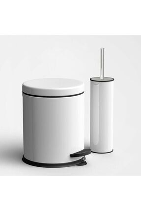 GörSeç3 Litre Beyaz 2'li Banyo Seti Pedallı Çöp Kovası Wc Klozet Tuvalet Fırça Seti Banyo Çöp Kovası