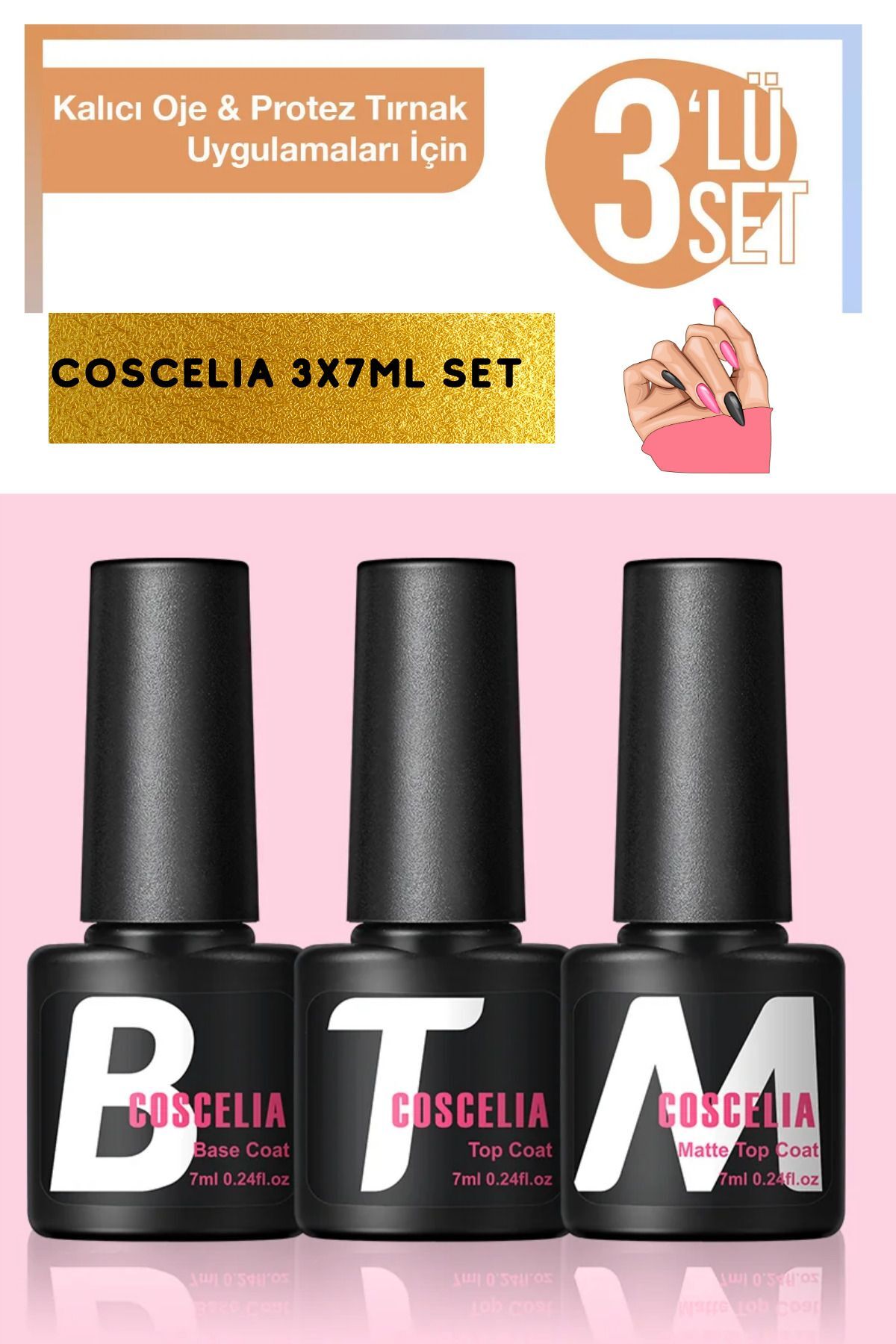 Coscelia Base Coat - Top Coat +Mat Top Coat 7 ml 3 Lü Kat Seti