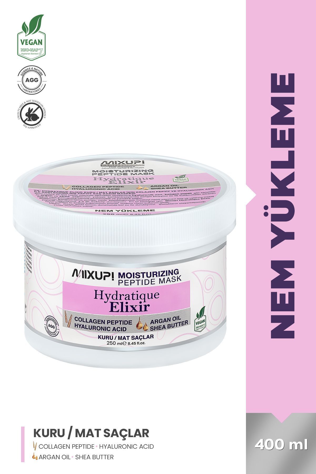 Mixup Kuru ve Mat Saçlar için Hyaluronik Asit,Kolejen Peptit Kompleks Nem Veren Besleyici Maske 250 ML