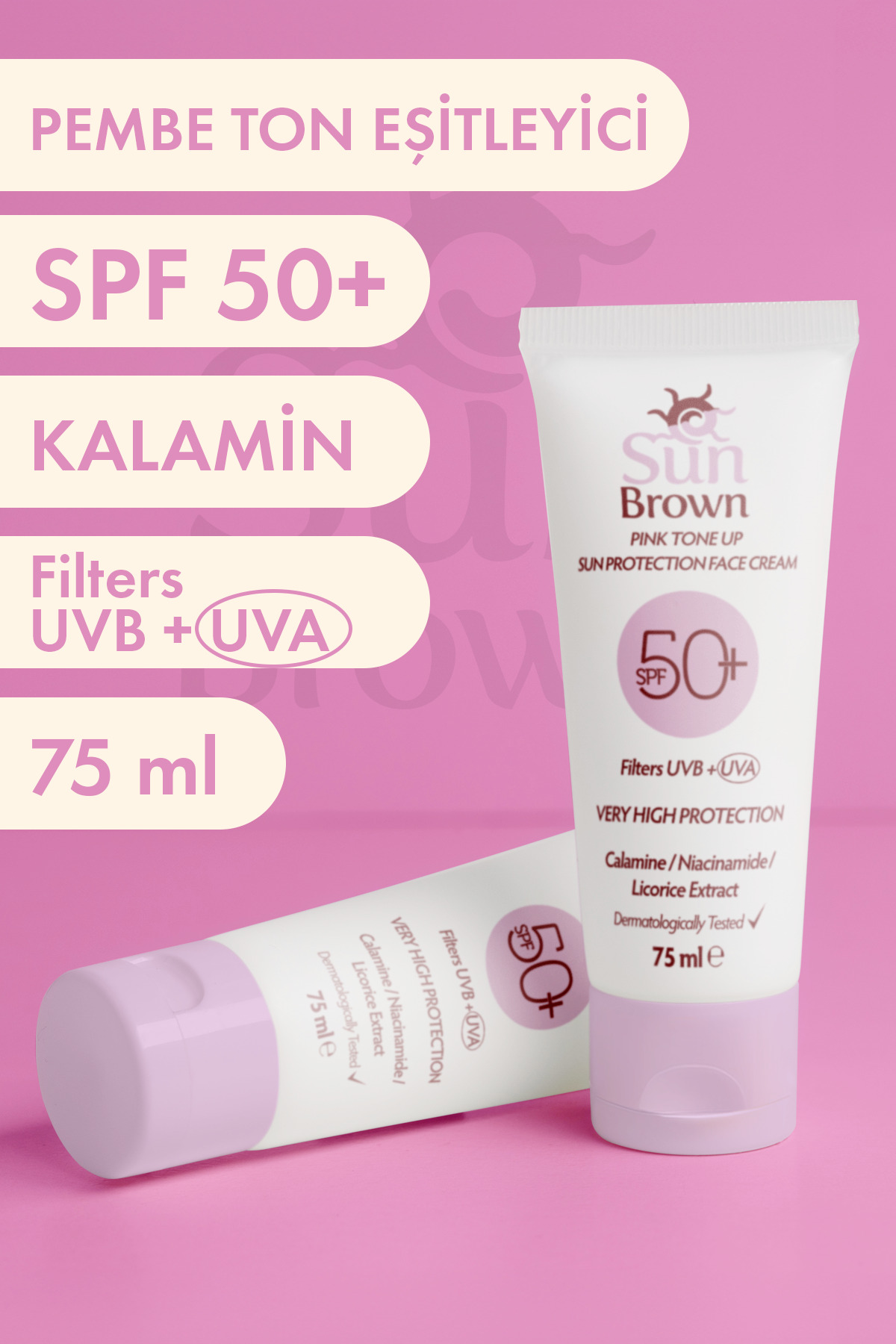 Sun Brown Ton Eşitleyici Pembe Güneş Koruyucu Spf50+ Yüz Kremi 75 ml
