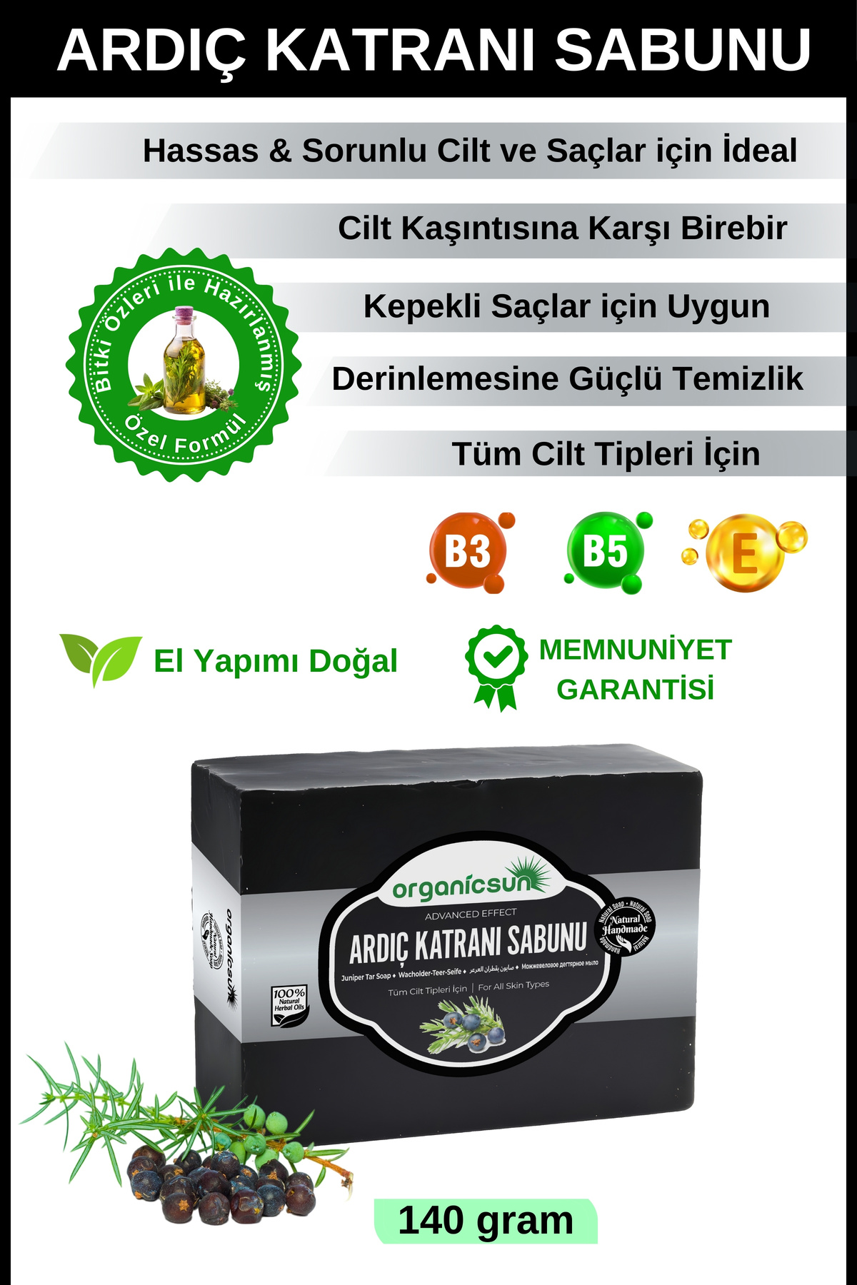 Organicsun Doğal Ardıç Katranı Sabunu 140 Gr Tüm Cilt Tipleri İçin Antiseptik ve Yenileyici Etkili