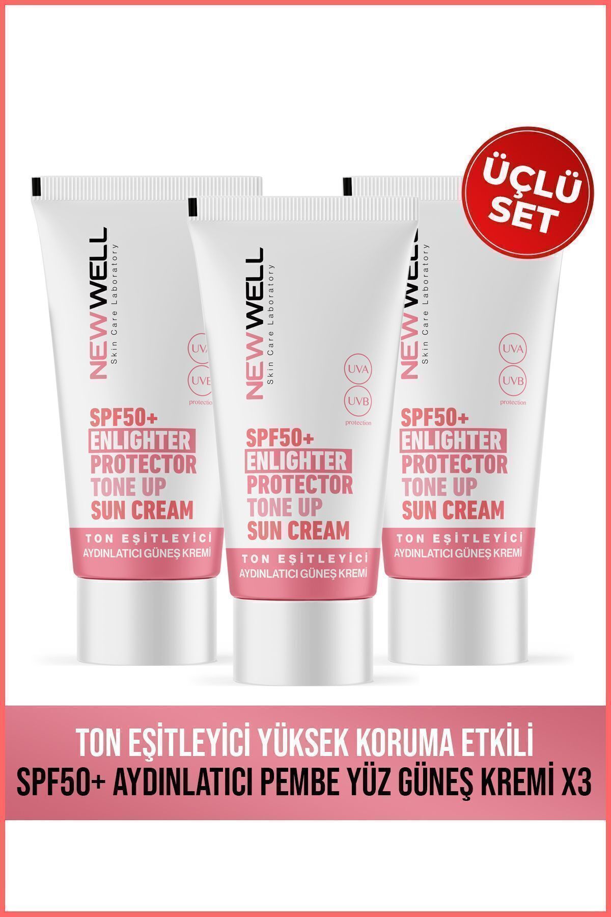 New Well 3 Adet Ton Eşitleyici yüksek Koruma Etkili Spf50 Aydınlatıcı Pembe Yüz Güneş Krem 50 ml