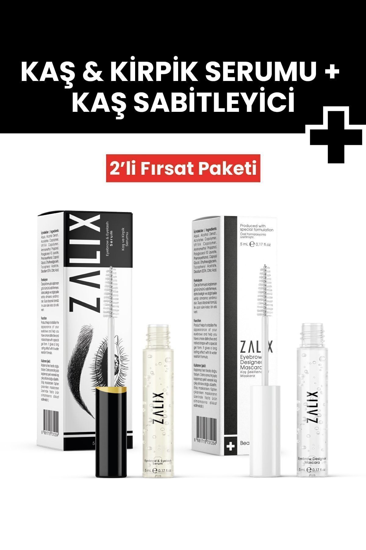 ZALİX 2'li Fırsat Paketi - Kaş Sabitleyici Ve Şekillendirici Maskara & Kaş Ve Kirpik Serumu