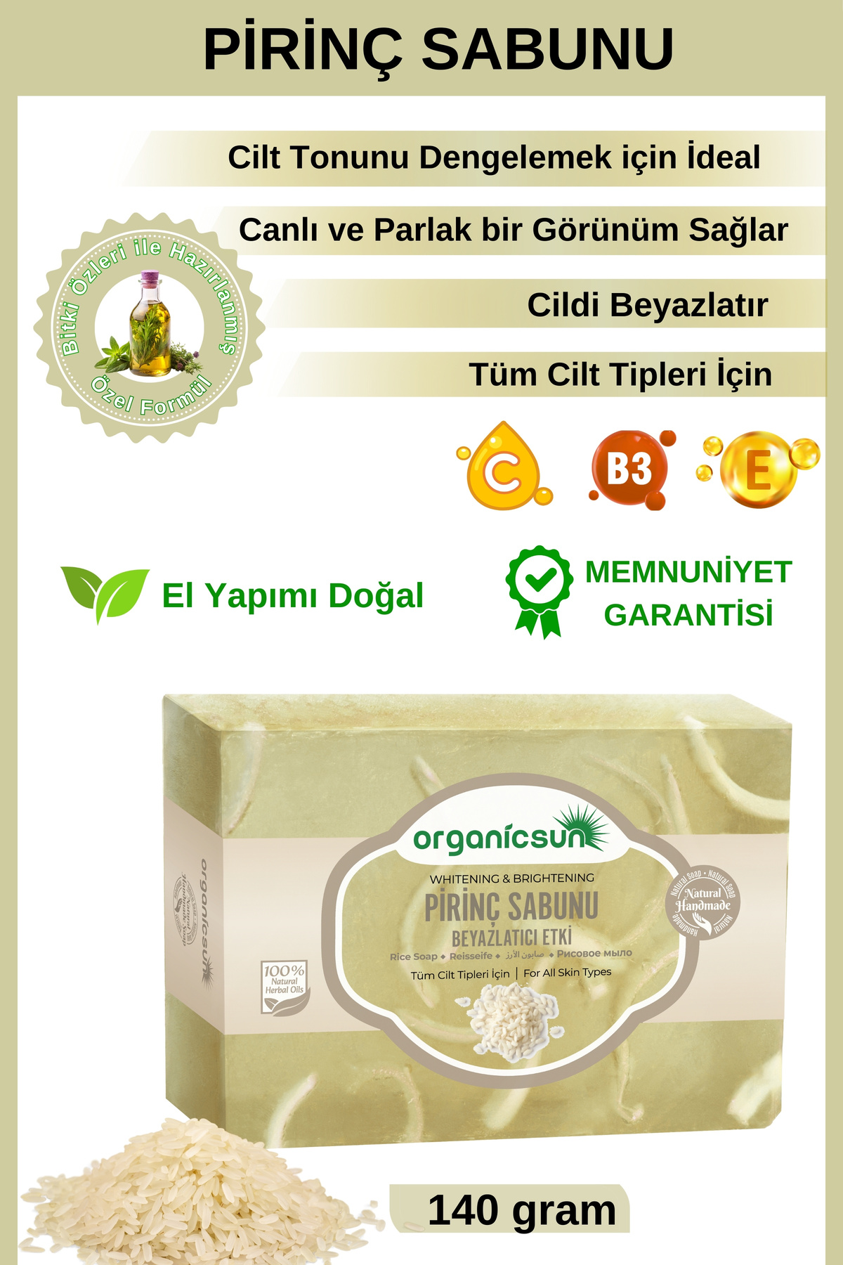 Organicsun Doğal Pirinç Sabunu 140 Gr Tüm Cilt Tipleri İçin Beyazlatıcı Etkili