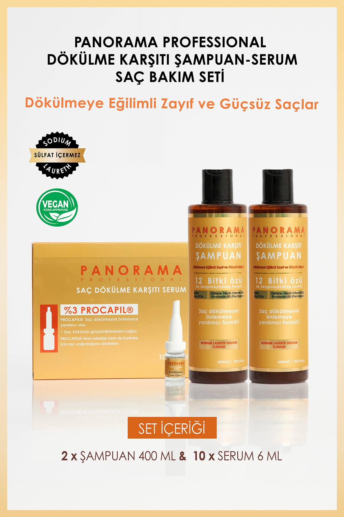 PANORAMA PROFESSIONAL Professional Dökülme Karşıtı 3'lü Set 2*400 ml Şampuan Ve 6*10 ml Ampul Serum /vegan / Sulfatsız