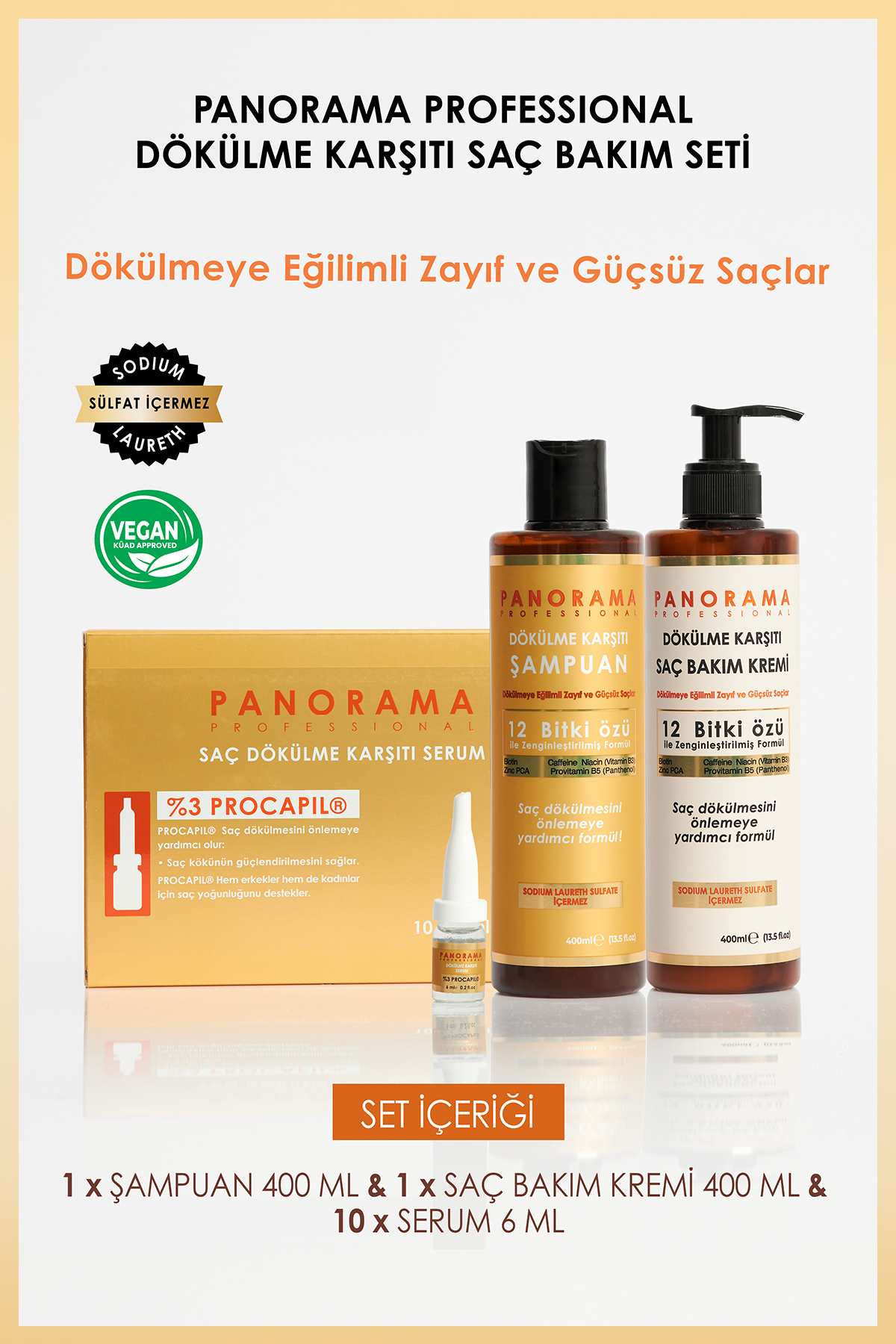 PANORAMA PROFESSIONAL Professional Dökülme Karşıtı 3'lü Set Şampuan-saç Kremi-serum/ Vegan / Sulfatsız
