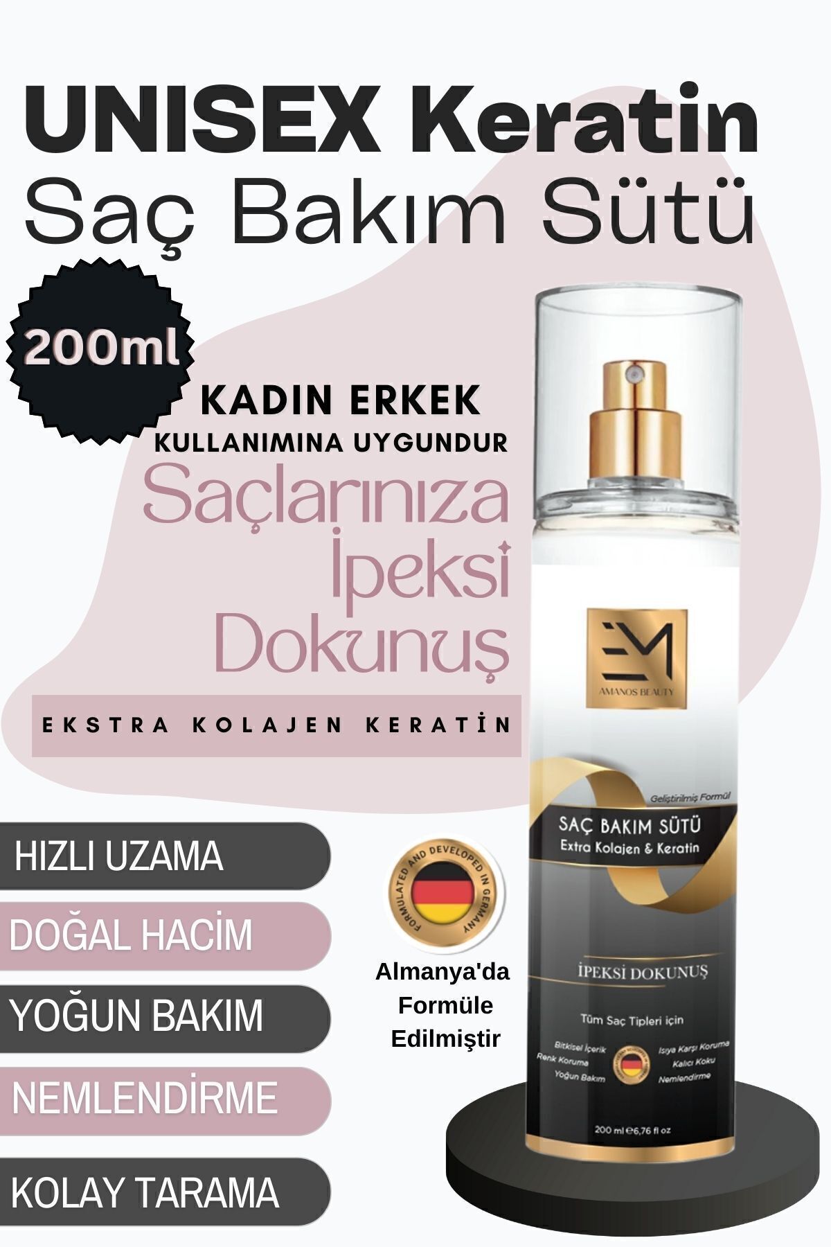 EM AMANOS BEAUTY Unisex Saç Bakım Sütü - Doğal Keratin Ve Kolajen Bakımı - Kadın Erkek Kullanımına Uygundur