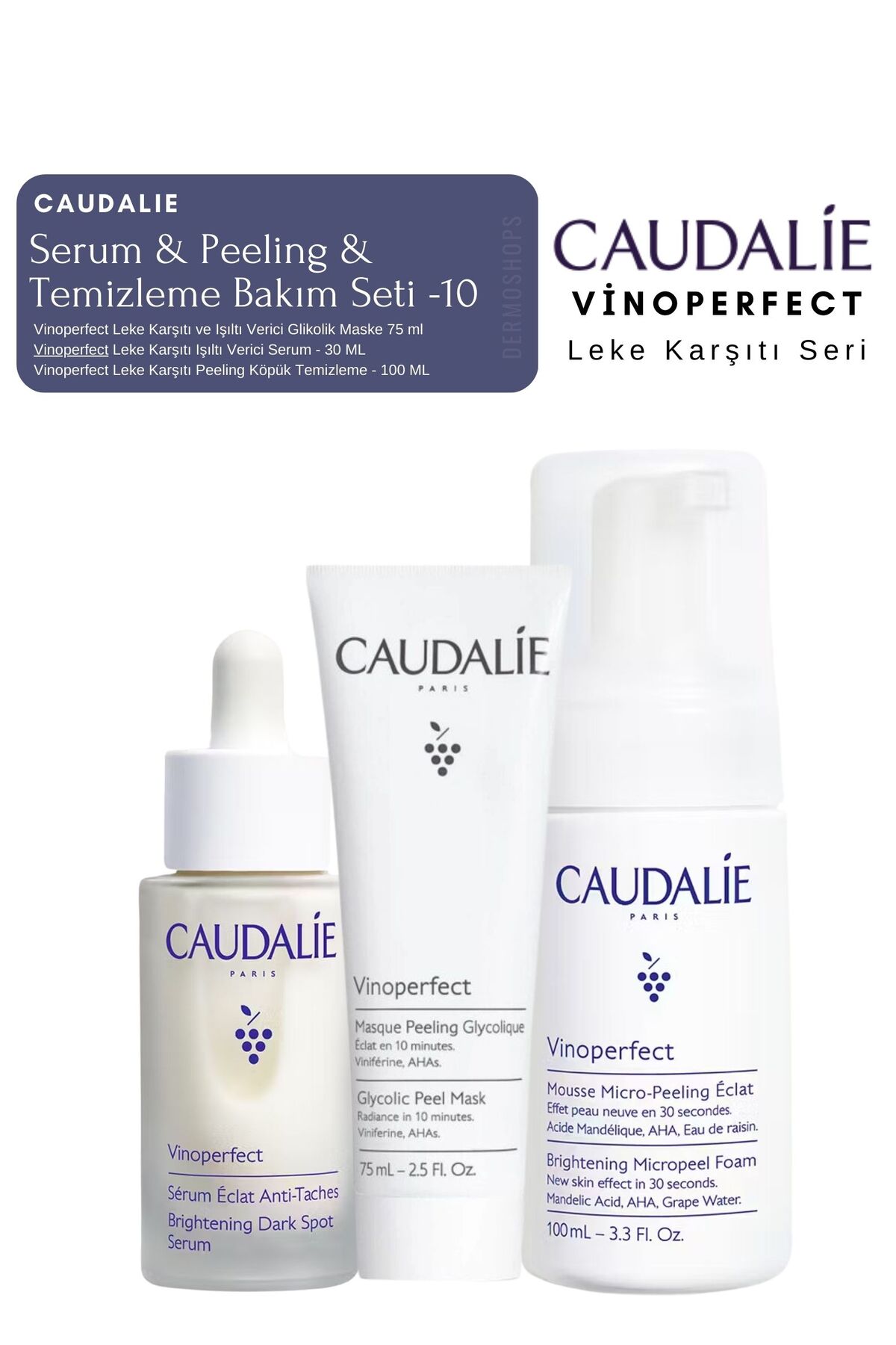 Caudalie Vinoperfect Leke Bakım Seti -10 | Serum & Peeling & Temizleme Köpük Orijinal Boy