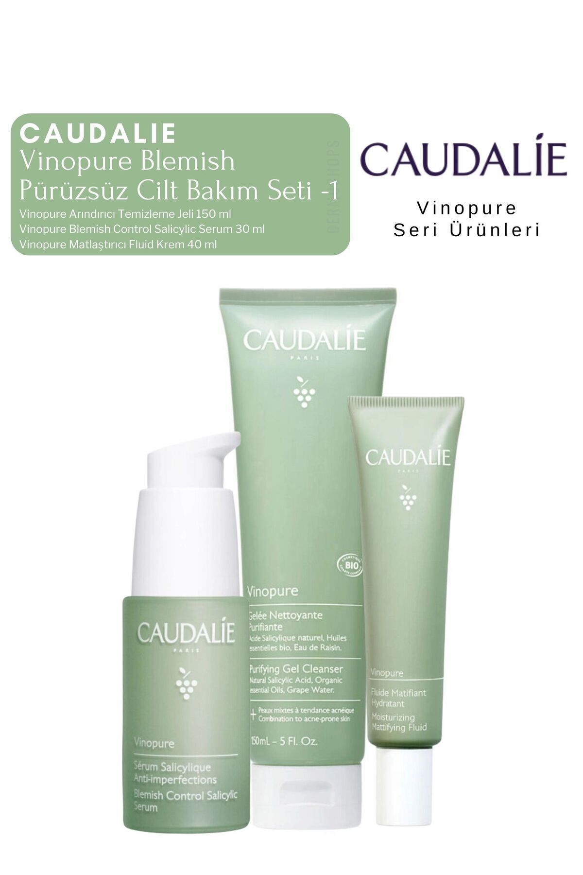 Caudalie Vinopure Blemish Pürüzsüz Cilt Bakım Seti -1 | Serum - Krem -Temizleme Jeli Orijinal Boy