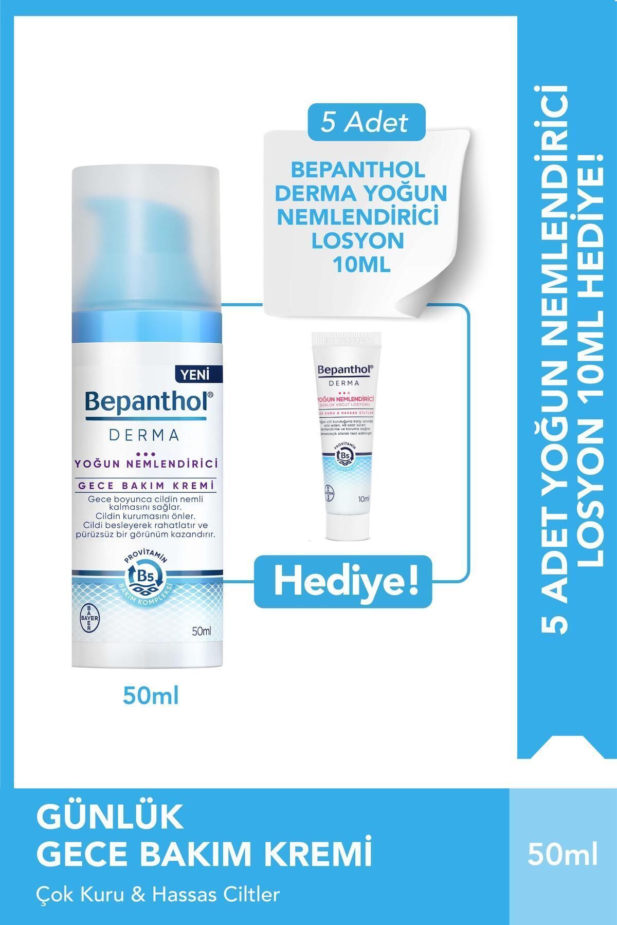 Bepanthol Derma Yoğun Nemlendirici Gece Yüz Bakım Kremi 50ml & 5 adet Günlük Yoğun Nemlendirici Losyon 10 ml