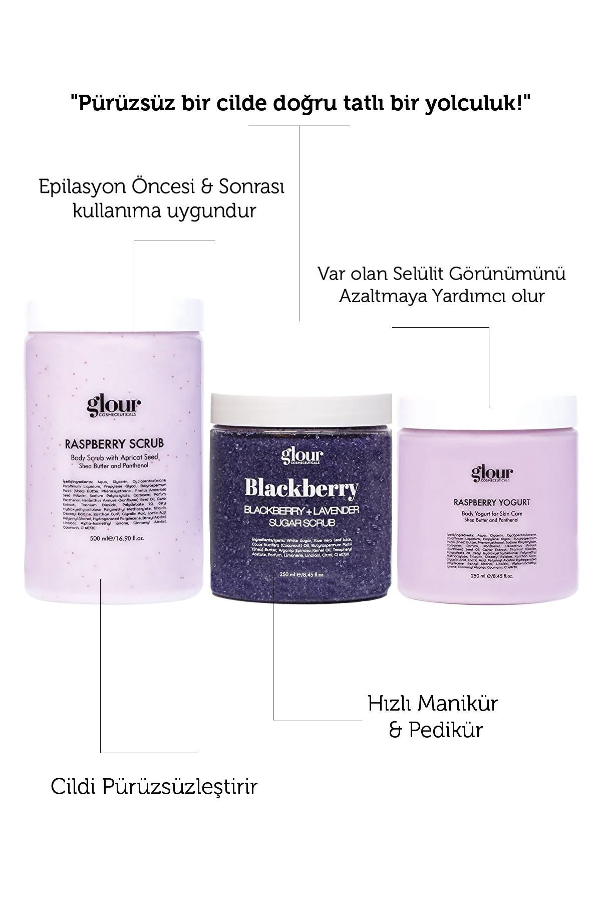 GLOUR 3'lü Mor Set Ahududu & Böğürtlen Selülit Ve Batık Giderici Canlandırıcı Ve Nemlendirici Peeling Set