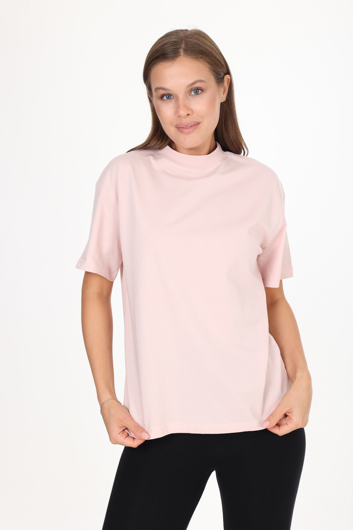 Tight Lady %100 Organik Pamuk Kadın Açık Pudra Basic Ribana'lı Dik Yaka Örme T-shirt Yarım Balıkçı