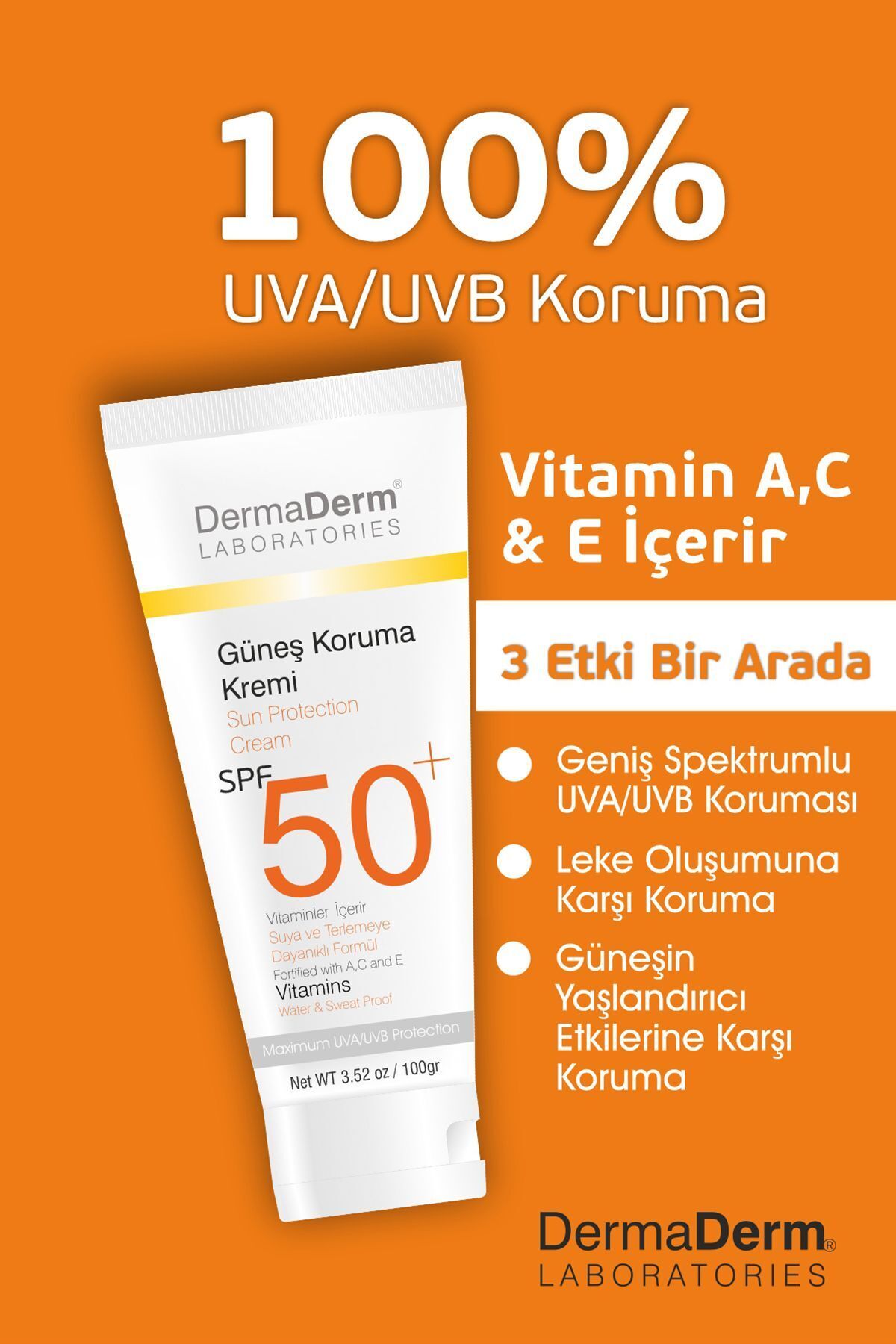 DermaDerm Leke Karşıtı Ve Nemlendirici Spf 50+ Yüksek Koruma Su Bazlı Güneş Kremi 100 ml