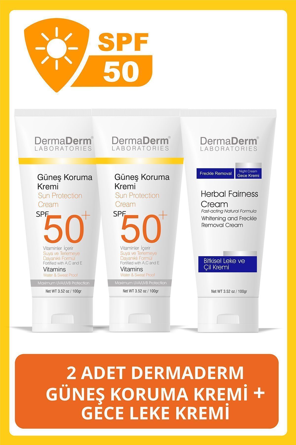 DermaDerm Yüz ve Vücut SPF50+ Güneş Kremi 100ML 2 Adet ve Dermaderm Gece Leke Kremi 100ml 1 Adet