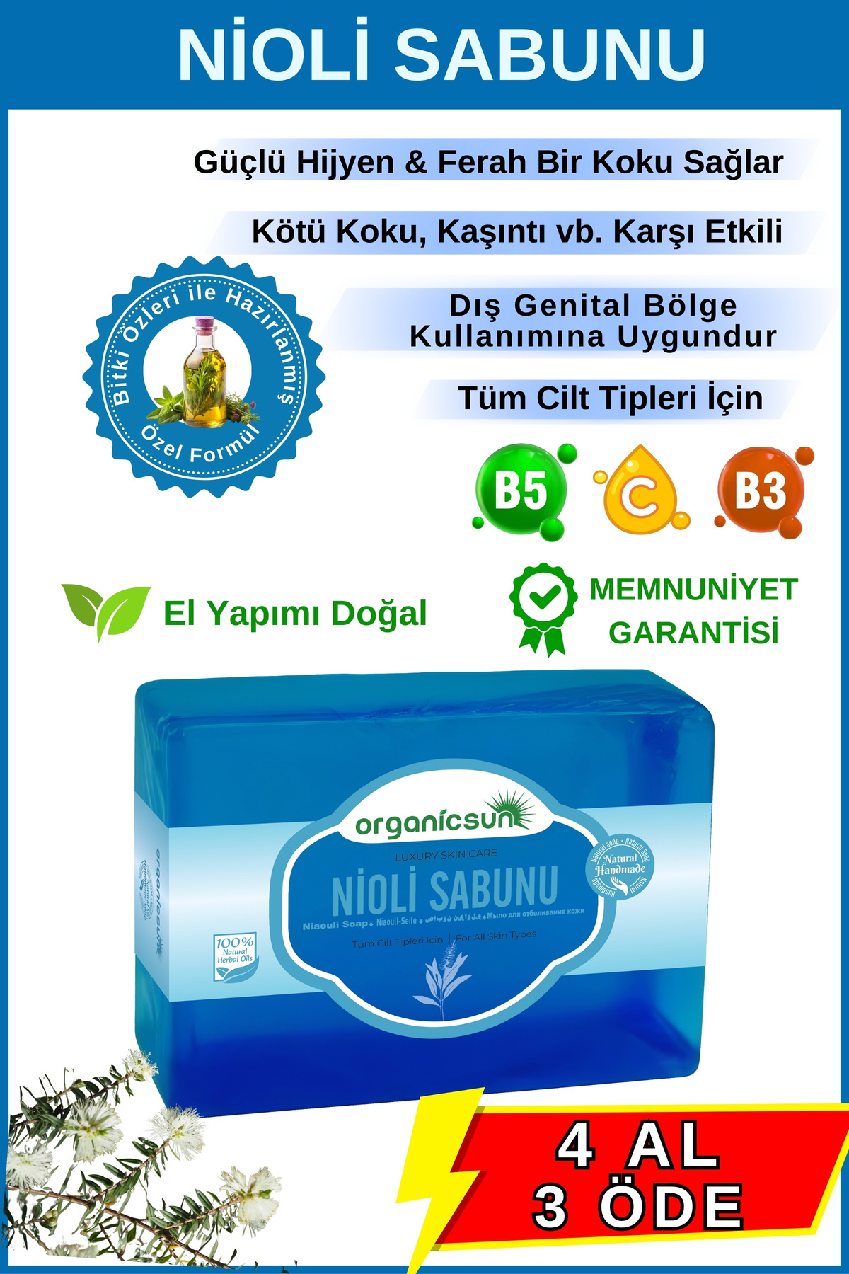Organicsun Doğal Nioli Sabunu 140 Gr Tüm Cilt Tipleri İçin Kötü Koku ve Kaşıntı Karşıtı Nioli Yağı Sabunu