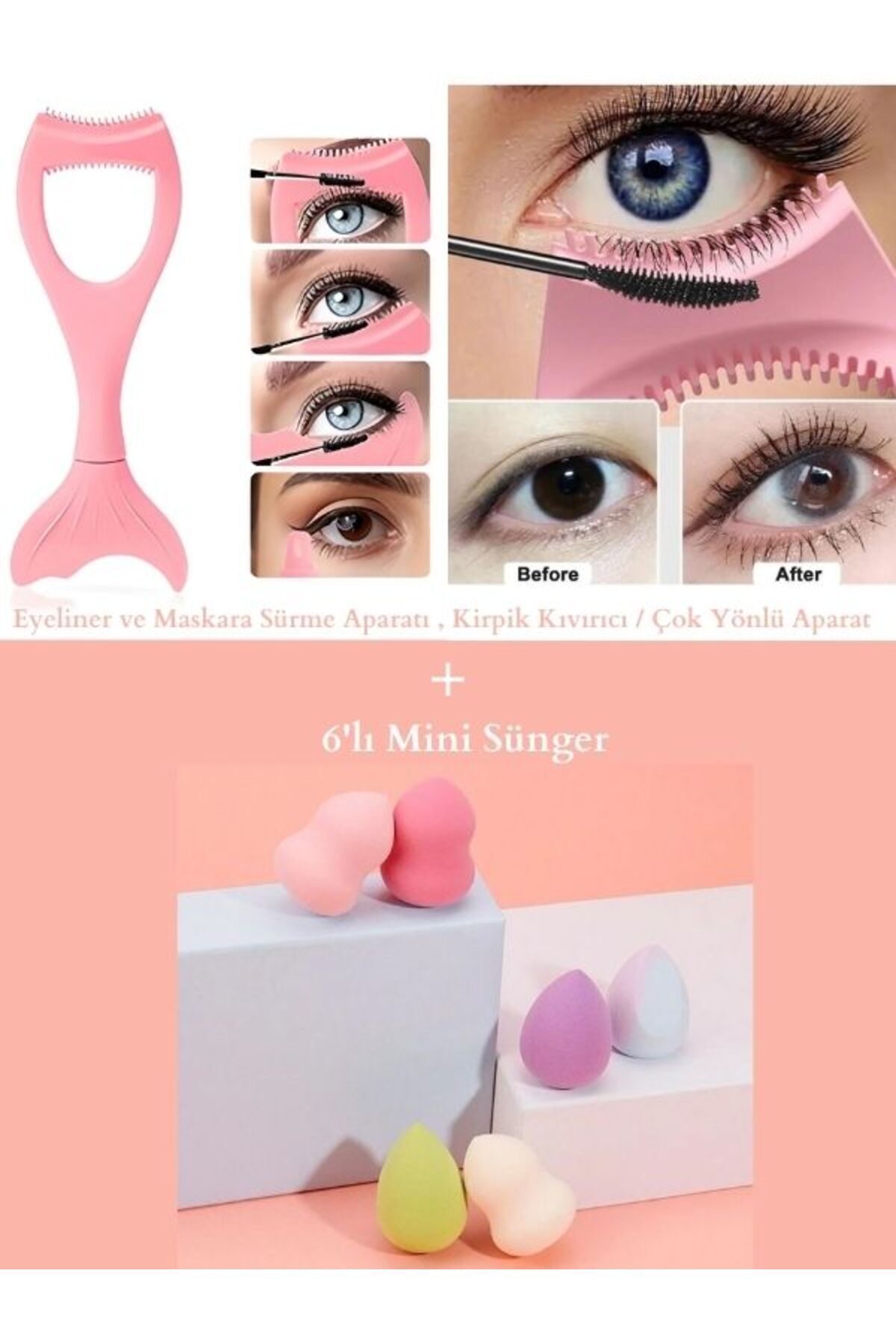 HİROS'H Eyeliner ve Maskara Sürme Aparatı , Kirpik Kıvırıcı / Çok Yönlü Aparat & 6'lı Mini Sünger
