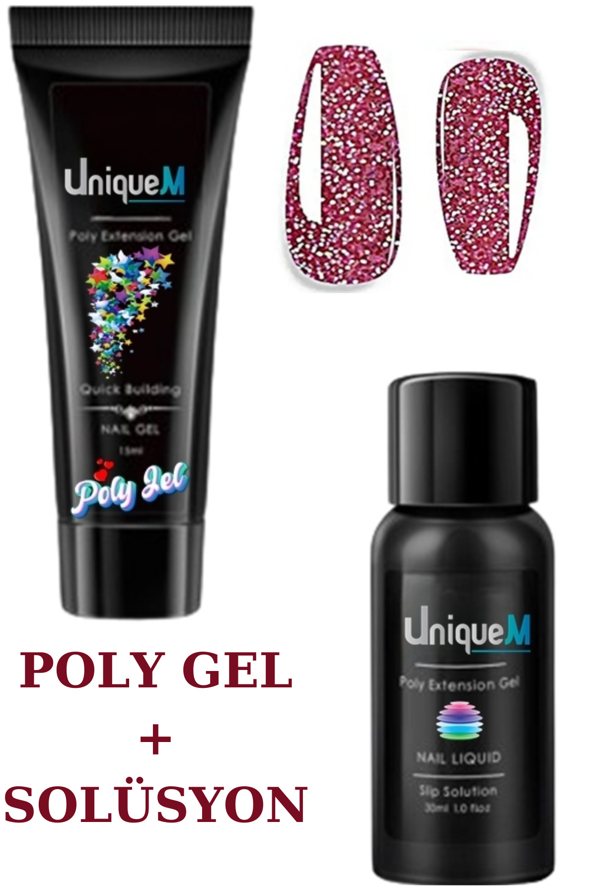Uniquem Protez Tırnak Jeli Glitter Serisi Polijel Oje ve Polijel Solüsyon Seti Oje Çıkarıcı + Poly Gel