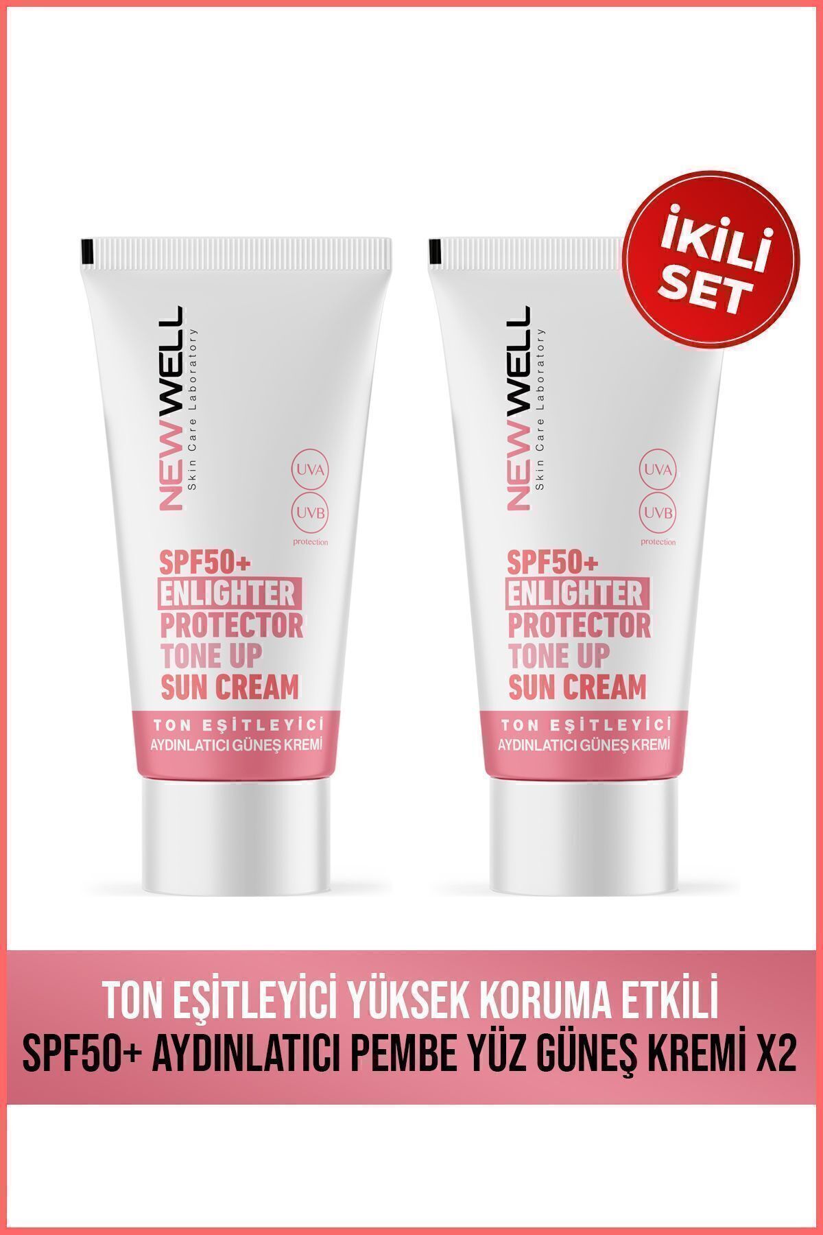 New Well 2 Adet Ton Eşitleyici Yüksek Koruma Etkili Spf50+ Aydınlatıcı Pembe Yüz Güneş Kremi 50 ML