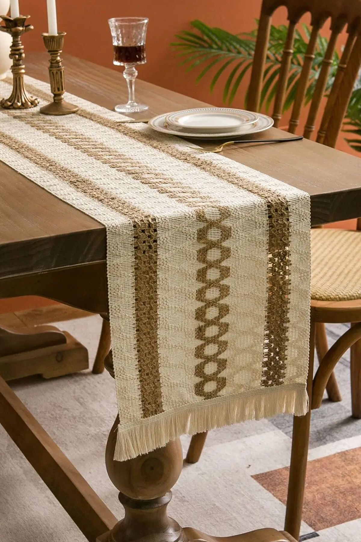 vivamaison Pamuk Dantel Runner 35x145 cm Masa Örtüsü Açık Kahve, Krem