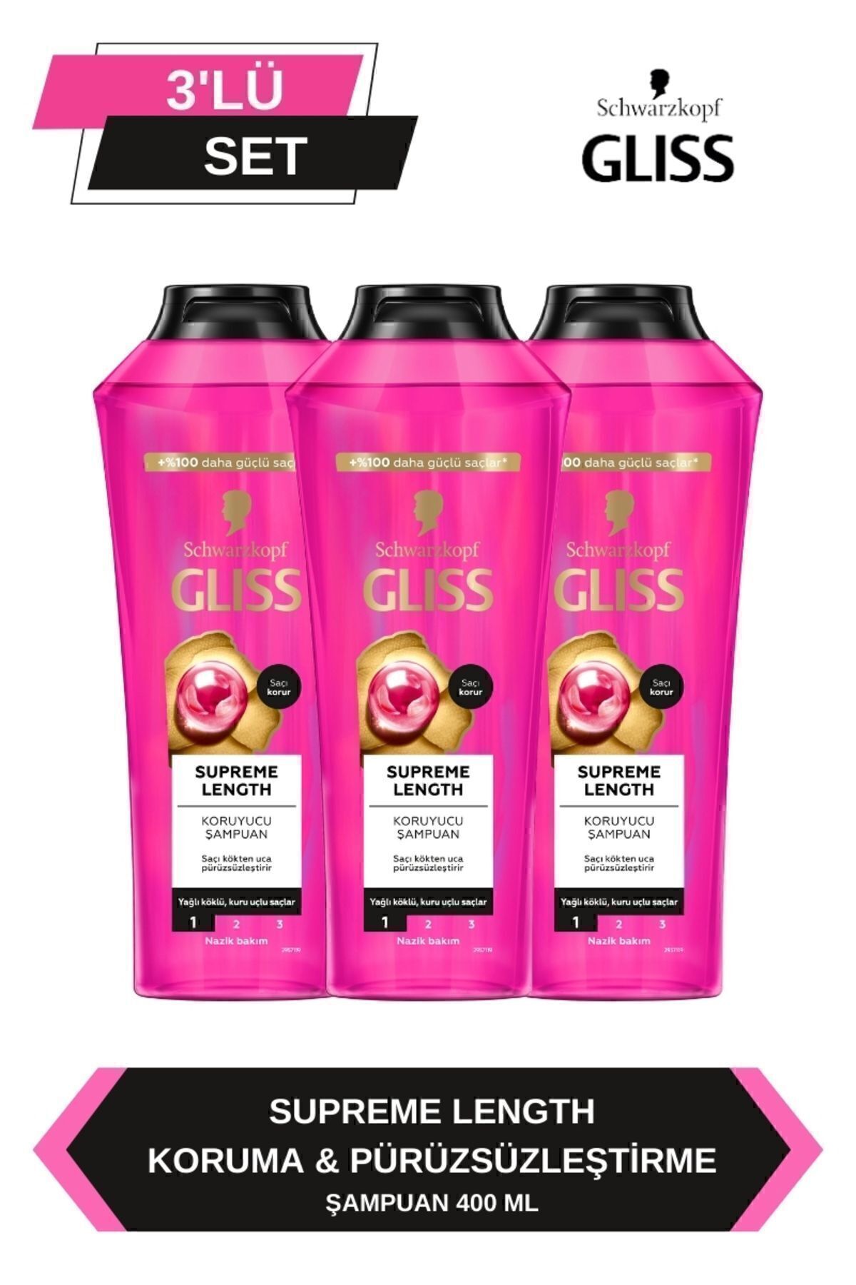 Gliss Supreme Length Uzun Saçlara Özel Şampuan 400 ml x 3 Adet