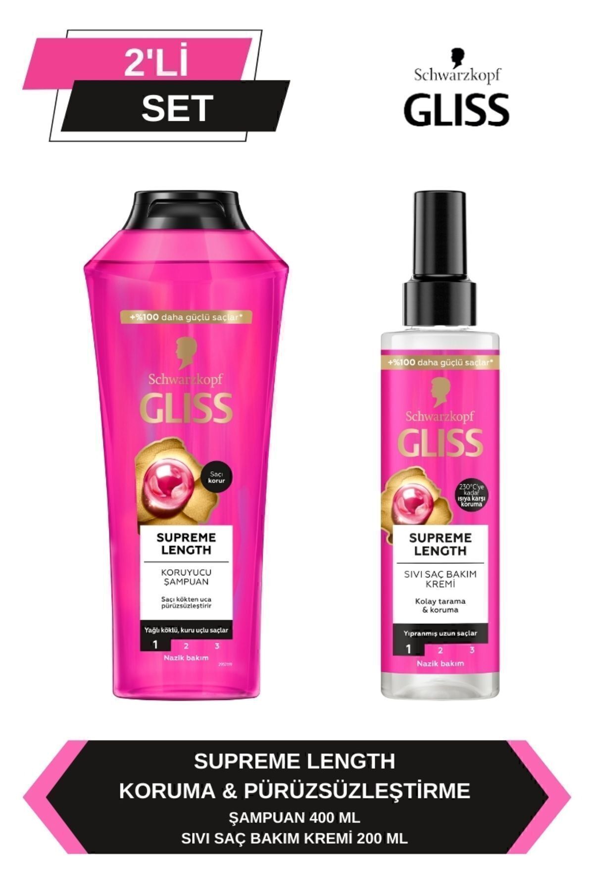 Gliss Supreme Length Uzun Saçlara Özel Set (Şampuan 400 ml + Durulanmayan Sıvı Saç Kremi 200 ml)