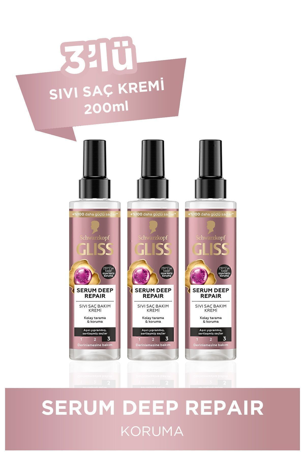 Gliss Serum Deep Repair Onarıcı Durulanmayan Sıvı Saç Kremi 200 ml X 3 Adet