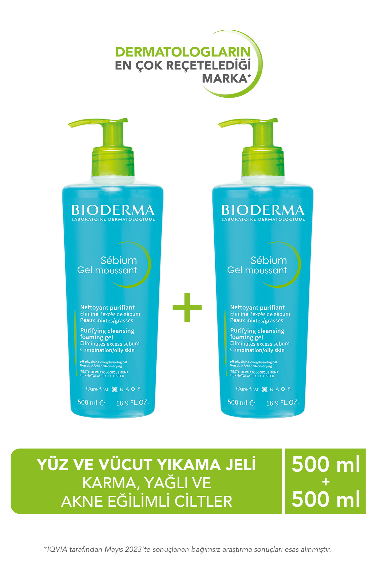 Bioderma Sebium Foaming Gel Karma, Yağlı ve Akne Eğilimli Ciltler İçin Yüz Temizleme Jeli 500 ml X2