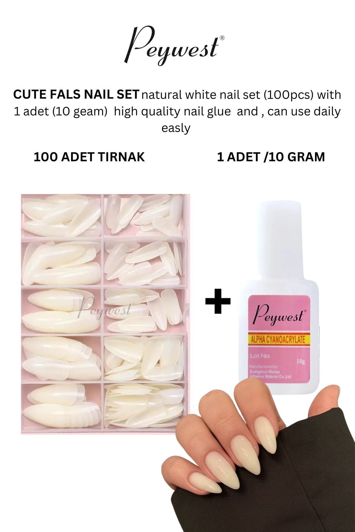 PEYWEST 2li Tırnak Seti (100 ADET BEYAZ BADEM TIRNAK 1 ADET PROFFESİONAL NAİL GLUE TIRNAK YAPIŞTIRICI)