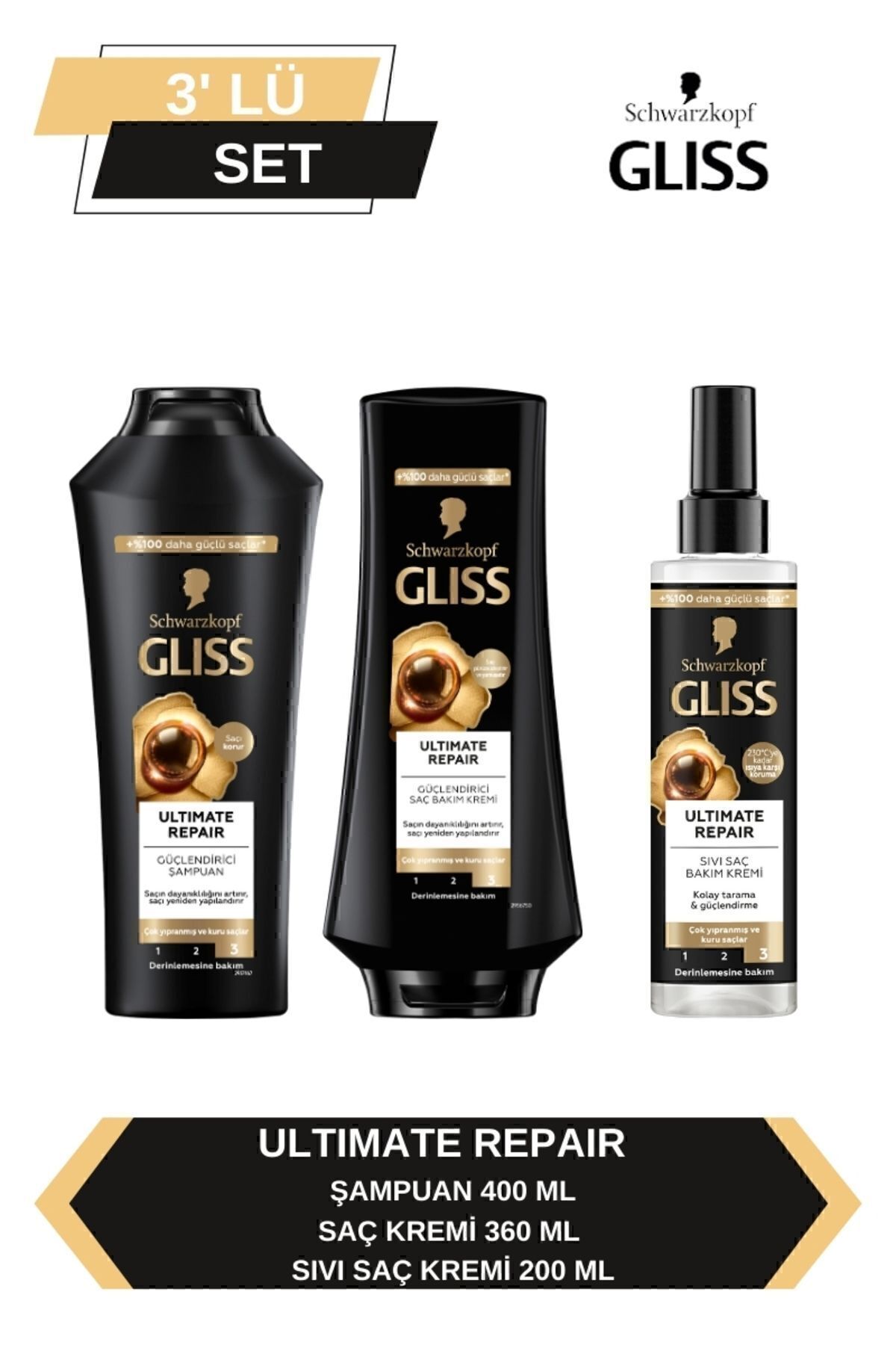 Gliss Ultimate Repair Şampuan 400ml + Saç Kremi 360ml + Sıvı Saç Kremi 200 ml