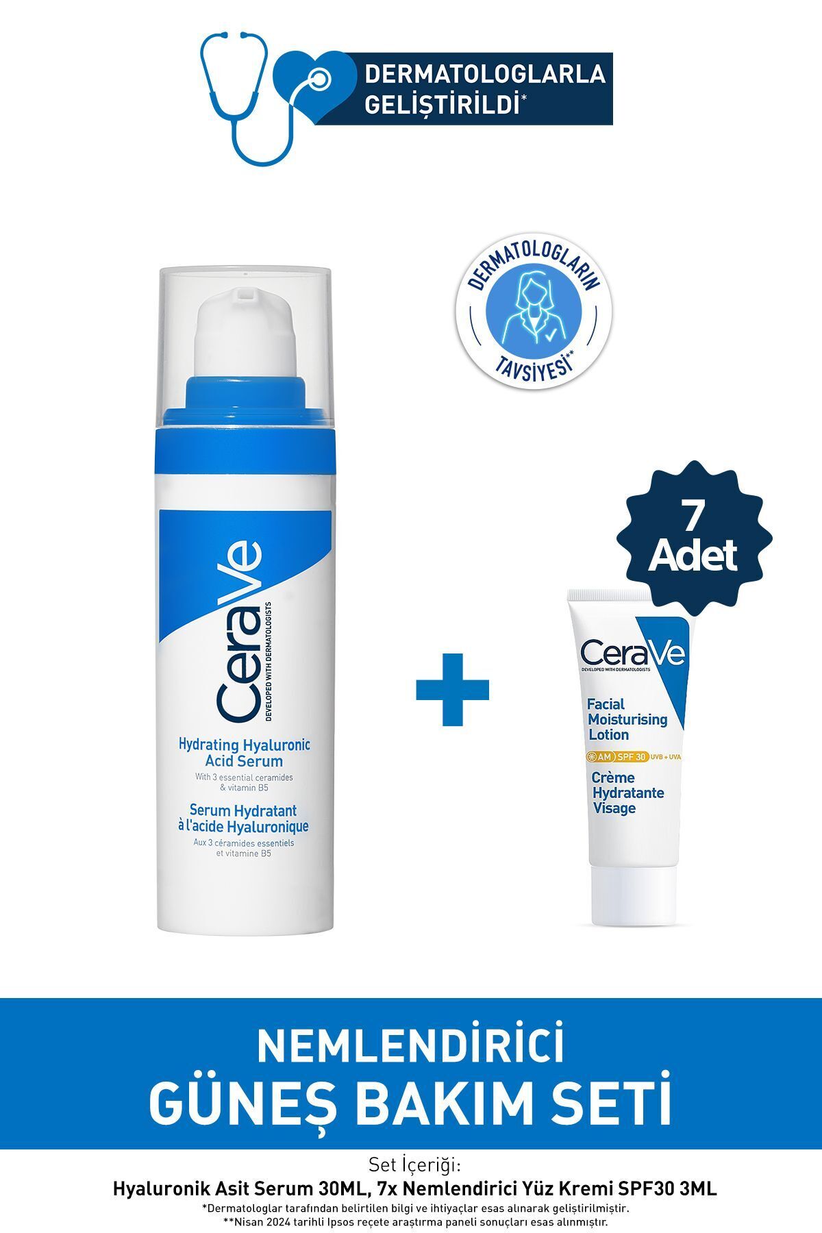 CeraVe Nemlendirici Güneş Bakım Seti: Hyalüronik Asit Serum 30ml & Nemlendirici Yüz Güneş Kremi SPF30 7x3ml