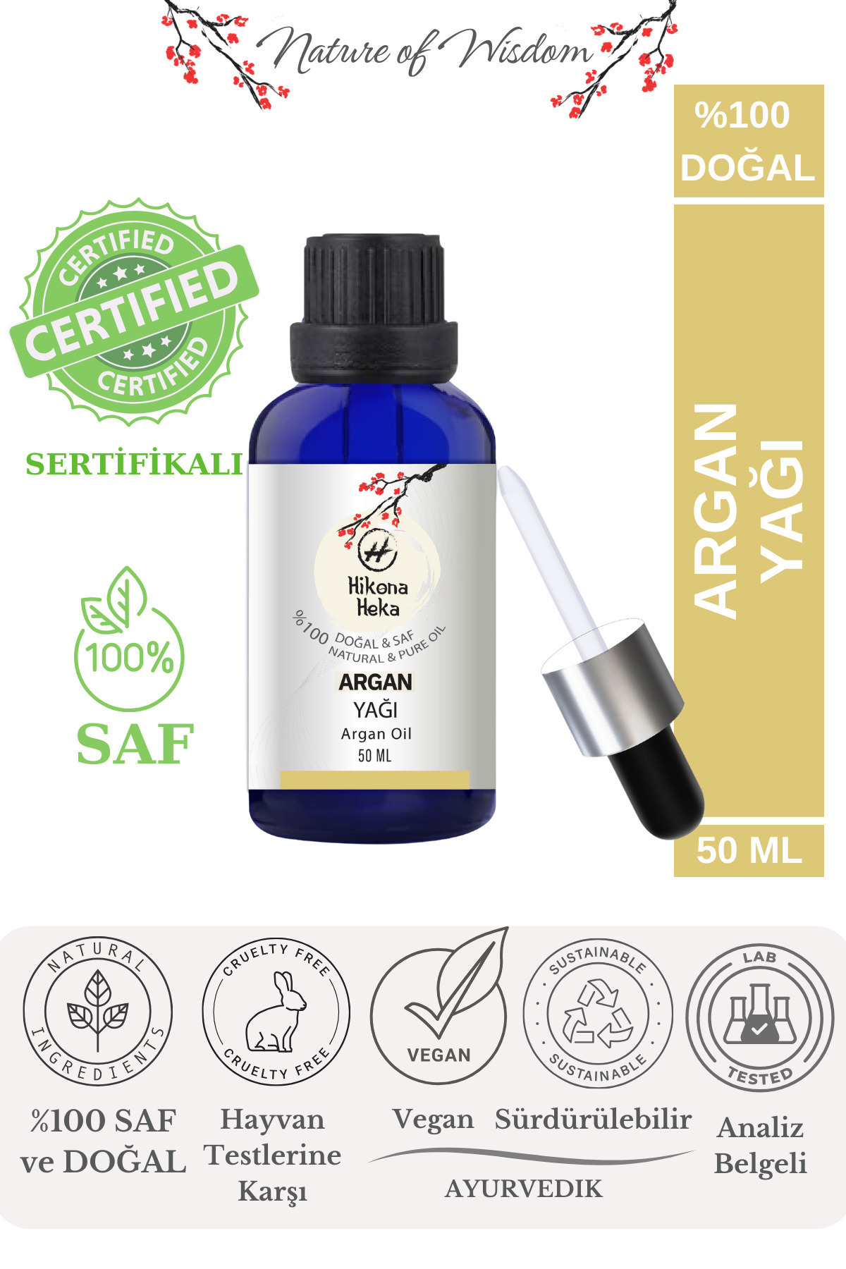 Hikona Heka Argan Yağı (ARGAN OİL) Sertifikalı %100 Saf Ve Doğal Soğuk Sıkım 50 ml