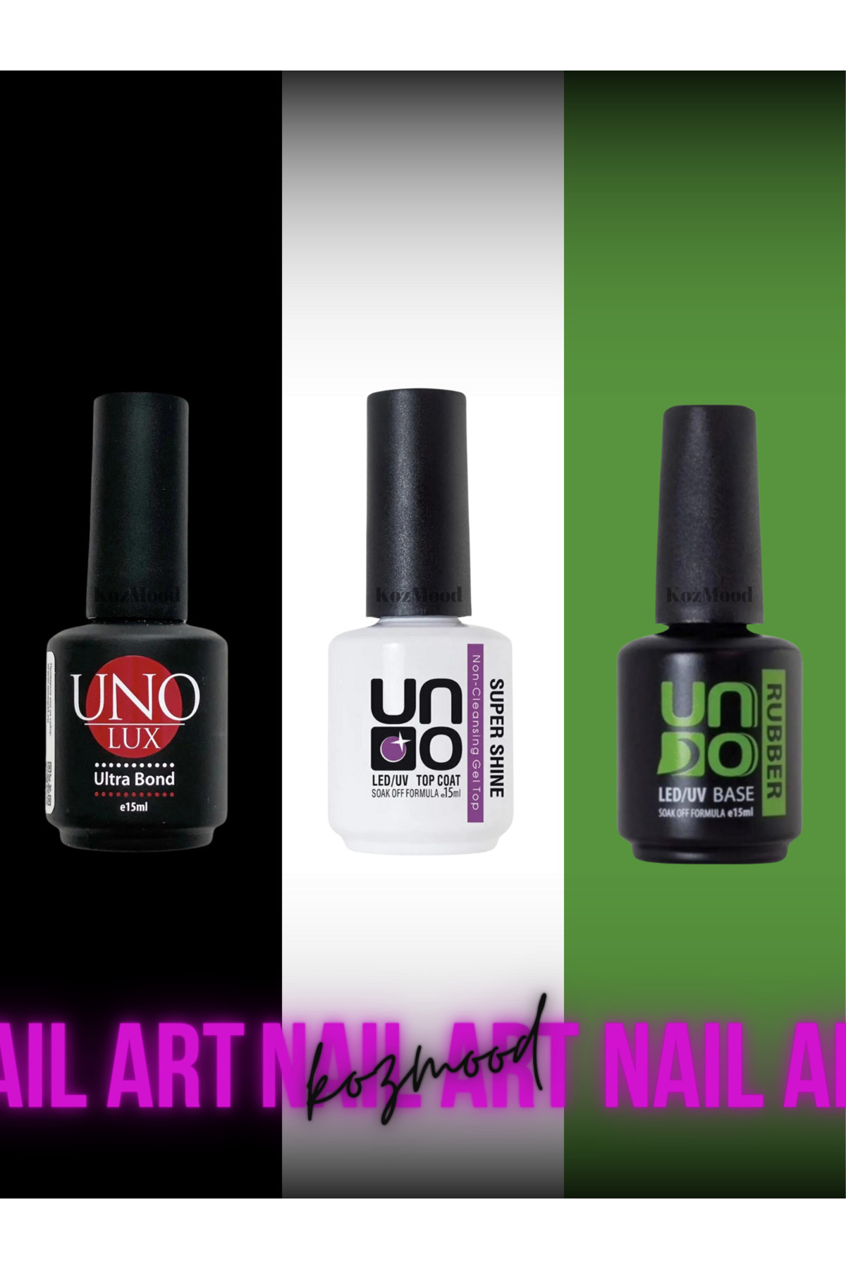 KozMood Uno Kalıcı Oje Seti Primer - Rubber Base Coat - Super Shine Top Coat 3lü Set