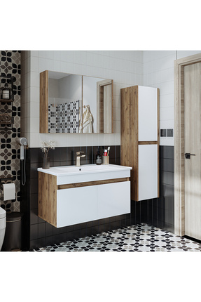 ROOMART'' Lavabolu '' Atlantik-beyaz Mat Mdf 85 Cm Banyo Alt Dolap + Aynalı Üst Dolap + Boy Dolap