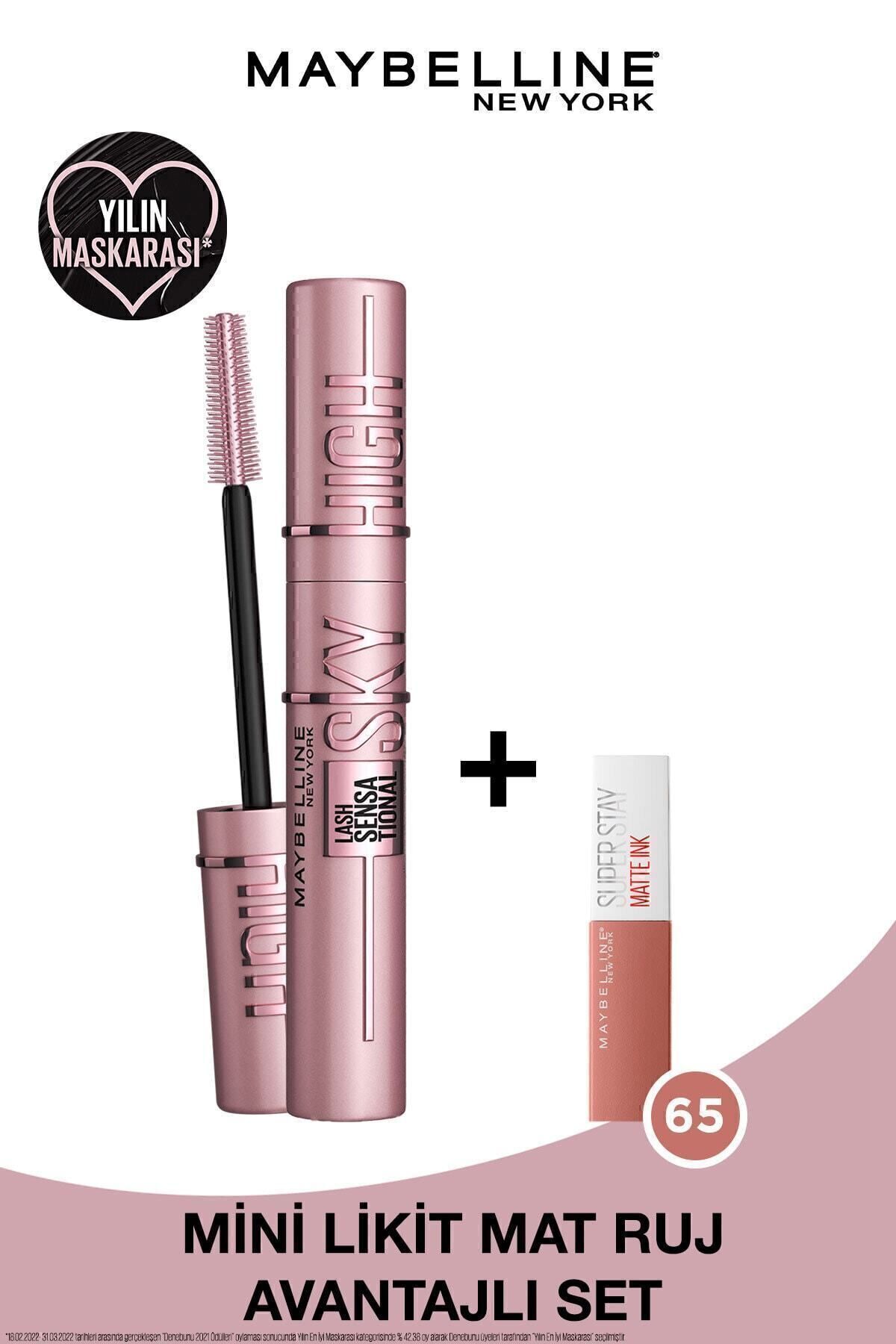 Maybelline New York Lash Sensational Sky High Maskara & Mini Super Stay Matte Ink Likit Mat Ruj 65 Seductress 2.7ml