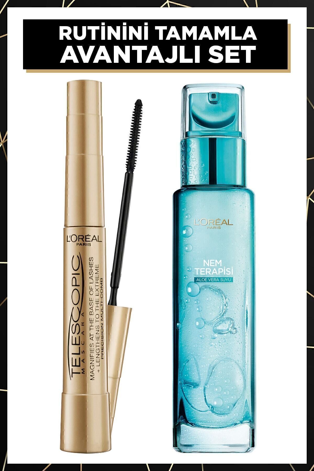 L'Oreal Paris Telescopic Gold Siyah Maskara+Nem Terapisi Aloe Vera Suyu Normalden Karmaya