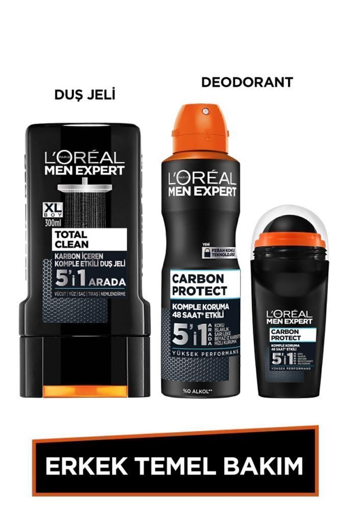 L'Oreal Paris Erkek Temel Bakım Seti Total Clean Kömürlü Duş Jeli 300 Ml + Carbon Protect Deodorant + Roll On