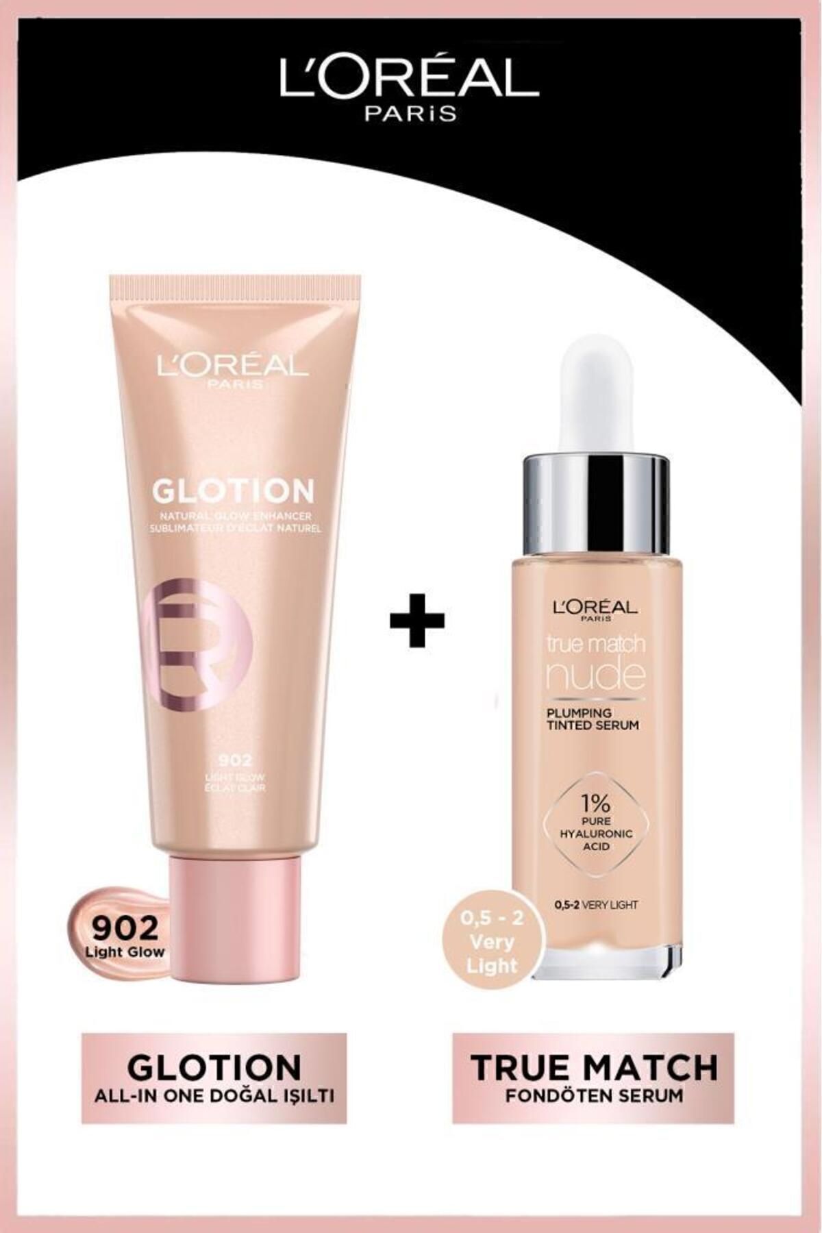L'Oreal Paris Glotion All-In-One Doğal Işıltı 902 & True Match Nude Fondöten Serum 0.5-2 Very Light &Sünger Hediye
