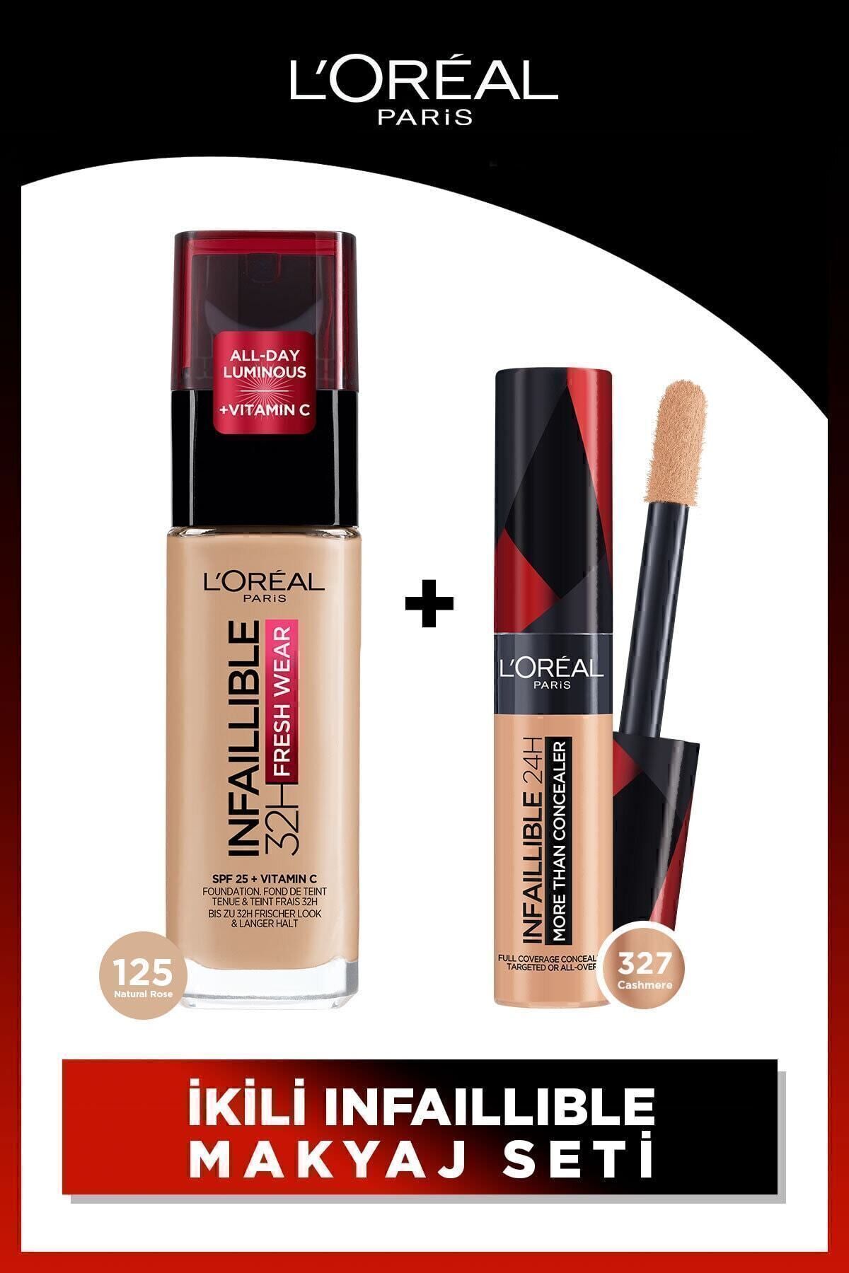 L'Oreal Paris Infaillible 32h Fresh Wear C Vitaminli Fondöten 125 & Tüm Yüze Uygulanabilir Kapatıcı 327 Cashmere
