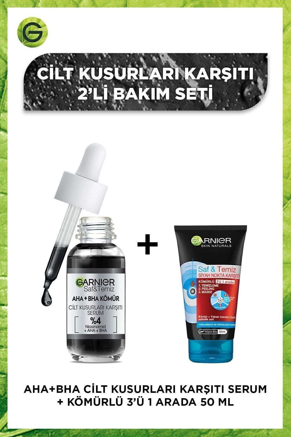 Garnier AHA+BHA Cilt Kusurları Karşıtı Siyah Serum 30 ml + Kömürlü 3'ü 1 Arada Seyahat Boy 50 ml