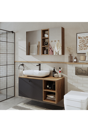 ROOMARTAyaksız Lavabolu Mdf 95 Cm Çekmeceli Lotus Oval Lavabolu Banyo Dolabı + Aynalı Üst Dolabı