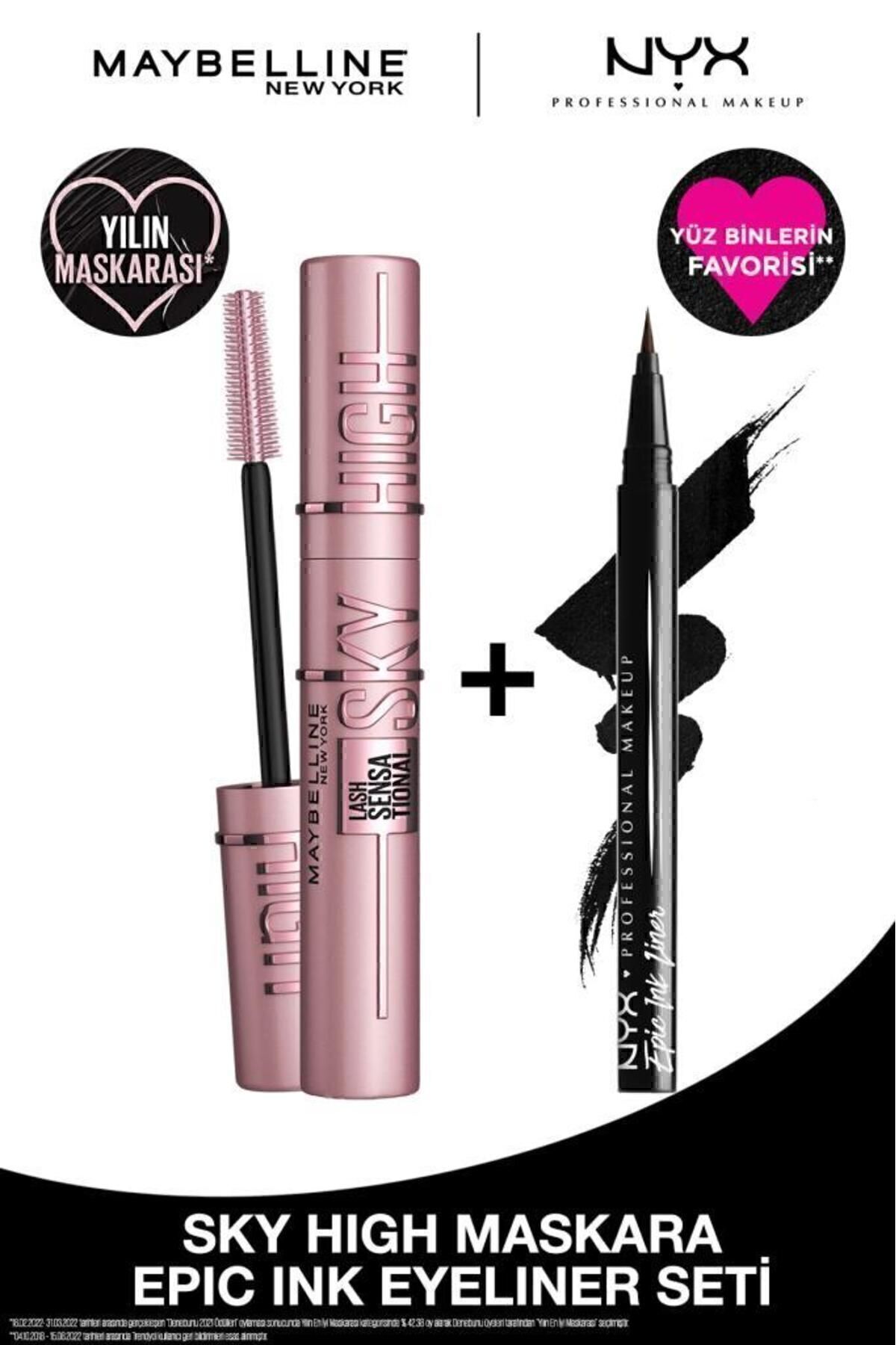 Maybelline New York Lash Sensational Sky High Maskara & Nyx Professional Makeup Siyah Eyeliner - Epic Ink Liner Black