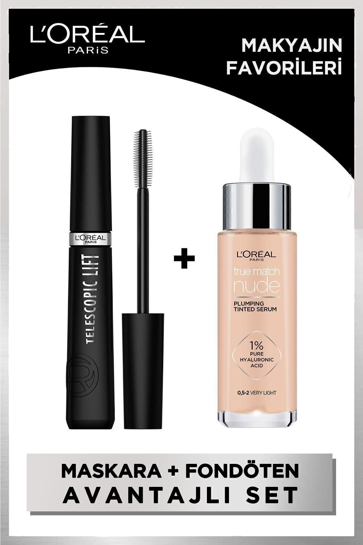 L'Oreal Paris Telescopic Lift Maskara & True Match Nude Fondöten Serum 0.5-2 Very Light - Makyajın Favorileri Seti