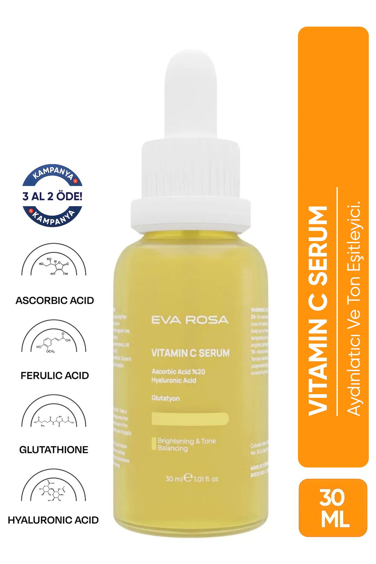 Eva Rosa Aydınlatıcı, Ton Eşitleyici, Leke Karşıtı, Glutatyonlu Vitamin C Serum 30 ml