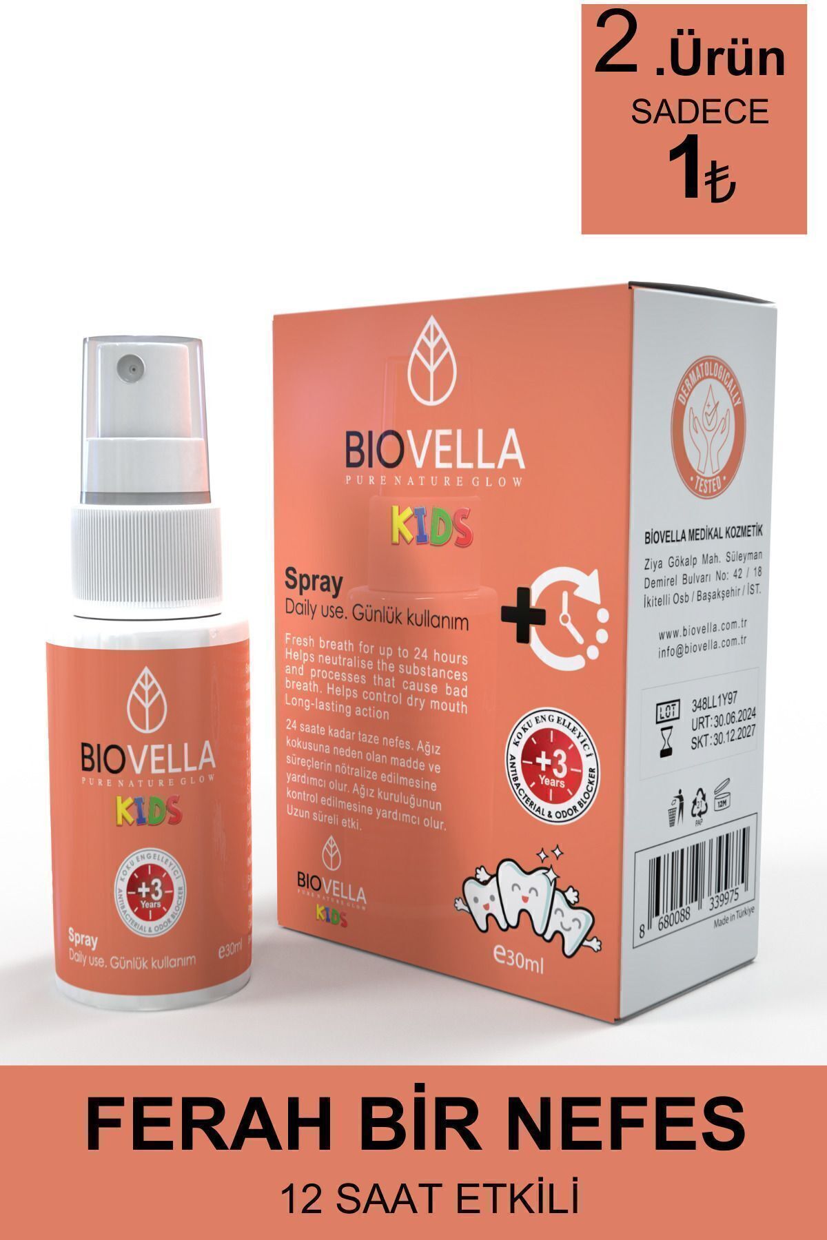 BİOVELLA Çocuklar İçin Çilek Aromalı Ağız Kokusu Önleyici Ve Giderici Sprey, Alkolsüz Formülasyon 30 ml