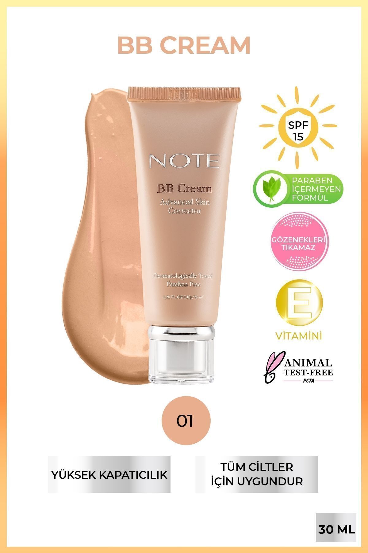 NOTE BB Cream SPF 15 Nemlendirici Etkili Yoğun Kapatıcı BB Krem - 01 Orta